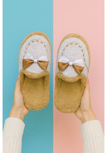 Golden Fiyonklu Kapalı Kadın Ev Terliği Günlük Rahat Kışlık Terlik Gri