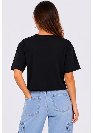 Hazego Kedi Baskılı Oversize Crop Tişört Salaş Basic Yarım Kol T-shirt - Siyah Mavi