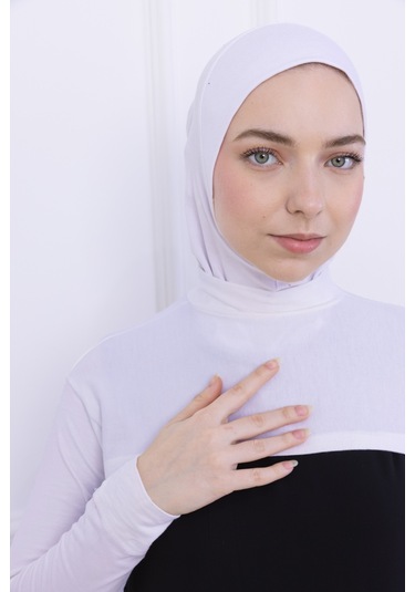 Balıkçı Yaka Boyunluklu Kolluk Beyaz - Likralı Dik Yakalı Kadın Body Tesettür Crop Bolero Beyaz