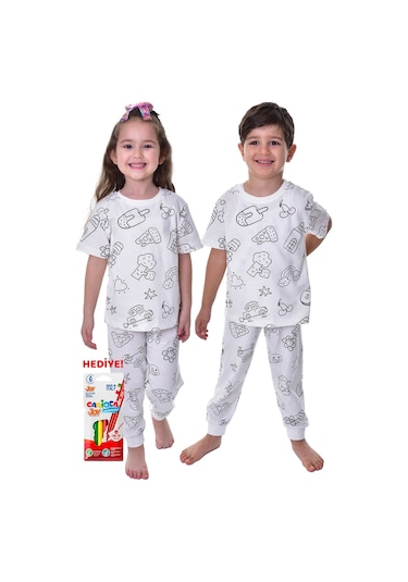 Zuzunga En Sevimli Figürleri Özel Kalemi İle Boyanabilir Çocuk Pijama Takımı Yıkama Sonrası Leke Bırakmaz Beyaz