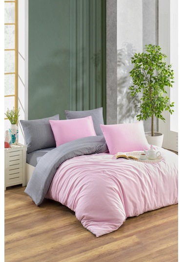 Çift Taraflı Çarşafı Lastikli Çift Kişilik Nevresim Takımı Pembe Gri