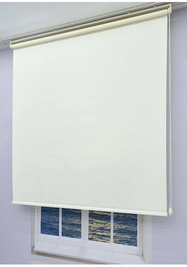 Düz Stor Perde - Kalın Mat Stor Güneşlik Kumaş Keten - Alüminyum Kasa Ve Boru - Eteği Dilimsiz/düz Krem