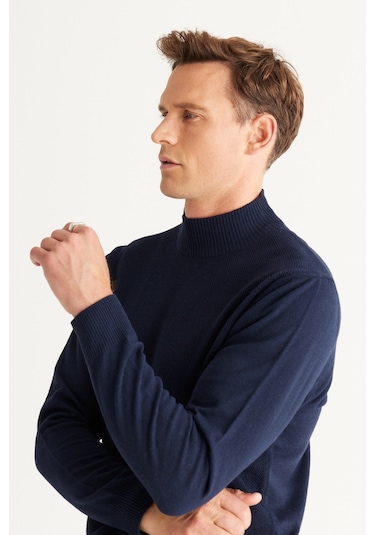 Altinyildiz Classics Erkek Lacivert Standart Fit Normal Kesim Yarım Balıkçı Yaka Pamuklu Triko 4A4921100008LACS Lacivert