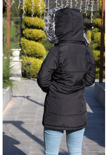 Toridas Kışlık Yaka Kürklü Uzun Kadın Şişme Tesettür Mont Bt122siyahtesettür 001