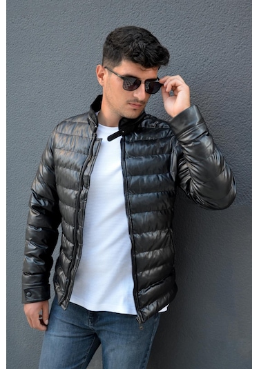 Prifaldi Erkek Dik Yaka Şişme Deri Mont Siyah 001