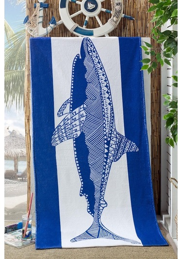 Köpek Balığı Baskılı Mavi Plaj Havlusu 70X155Cm