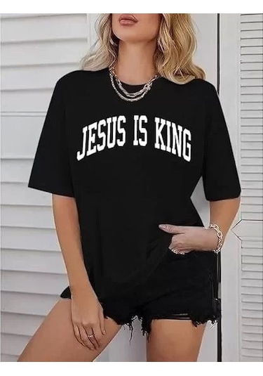 Kadın Bisiklet Yaka Kısa Kol Baskılı T-shirt - Siyah Siyah