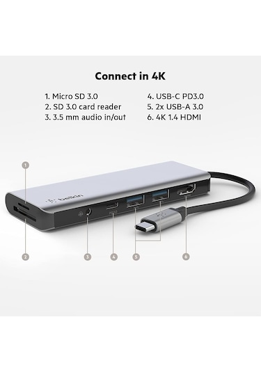 Belkin 7'si 1 Arada Çok Bağlantı Noktalı Usb C Hub 4k Hdmi, Usb-