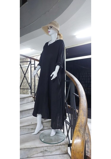 İtalyan V Yaka Uzun Kol Keten Elbise-8907 Antrasit