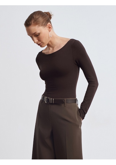 Dilvin 32549 Kayık Yaka Bodysuit-koyu Kahve Koyu Kahve