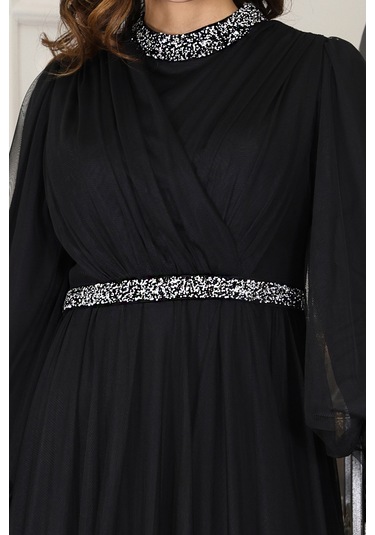 Senna Taş Detaylı Büyük Beden Şık Tesettür Abiye Siyah