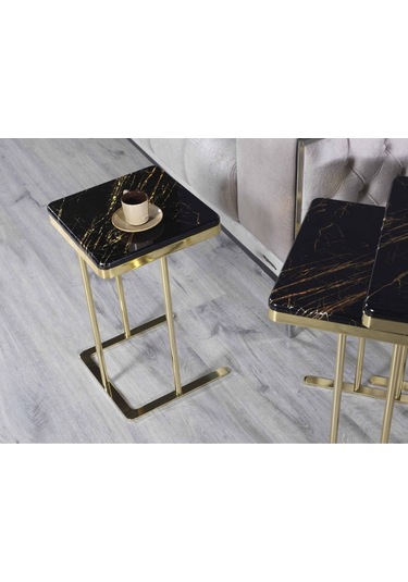 Zigon Sehpa & Yan Sehpa 3'lü Kare Sehpa Hıgh Gloos Mdf Siyah Gold İşleme