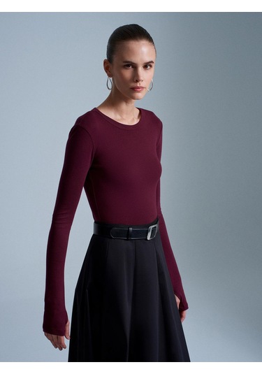 Dilvin 32319 Modal Karışımlı Uzun Kollu Top-bordo-12109 Bordo