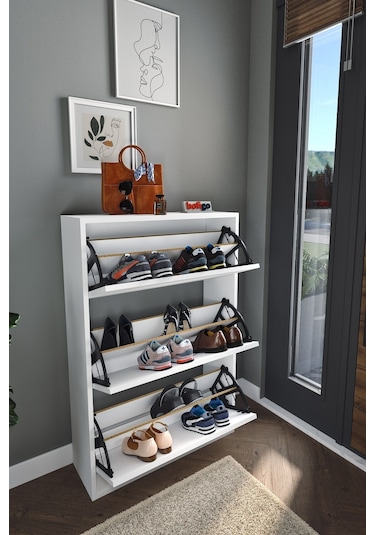 Bofigo Düşer Kapak Ayakkabılık Kayar Raflı Ayakkabılık 3 Bölmeli Ayakkabılık Melek Beyaz