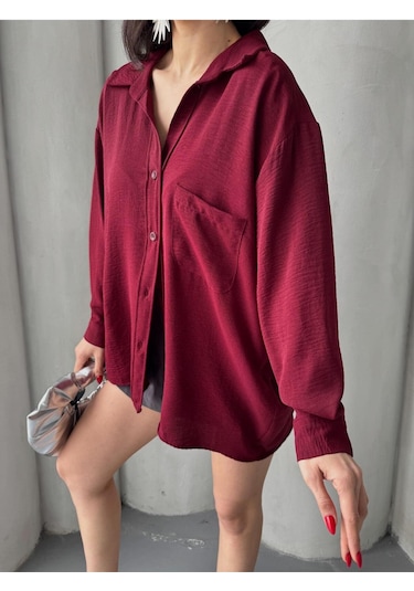 Paw Garage Kadın Flory Ayrobin Oversize Tek Cep Gömlek Bordo