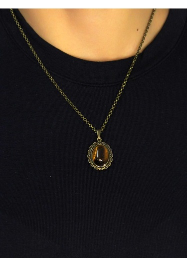 Doğal Taş Kaplangözü Doğal Taşlı Kadın Doğal Taş Otantik Kolye Euk27kg Kahverengi