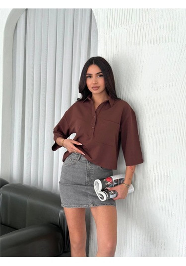 Crop Lucky Life Kadın Yakalı Gömlek Üç Çeyrek Sleeve Kol - Kahverengi Renkli