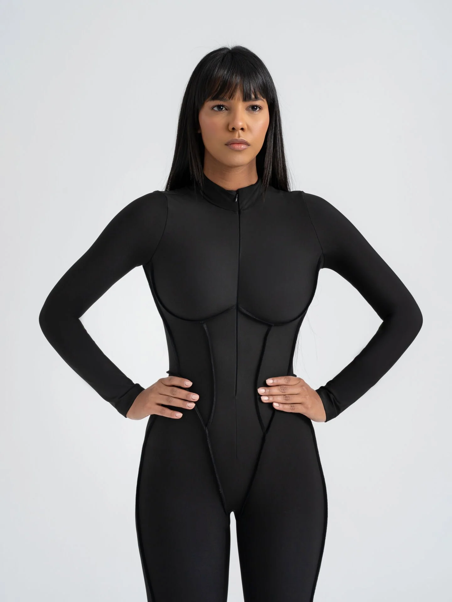 Dikişle Modellenmiş Spor Tayt Tulum Siyah