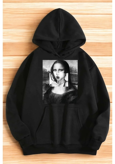 Mona Lisa Baskılı Bisiklet Yaka Sweatshirt Antrasit