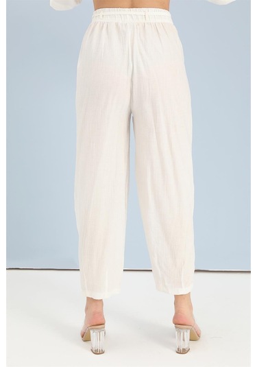 Takım Nakış Detaylı Viskon Gömlek Pantolon - Ekru-ekru Ekru