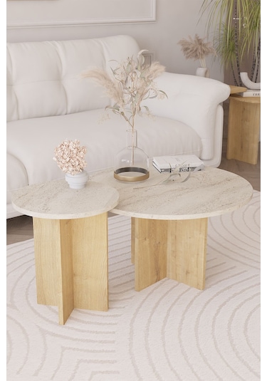 2 Li Orta Sehpa Seti, İskandinav Stil, Bohem, 72 Cm, 40 Cm - Traverten & Safir Meşe