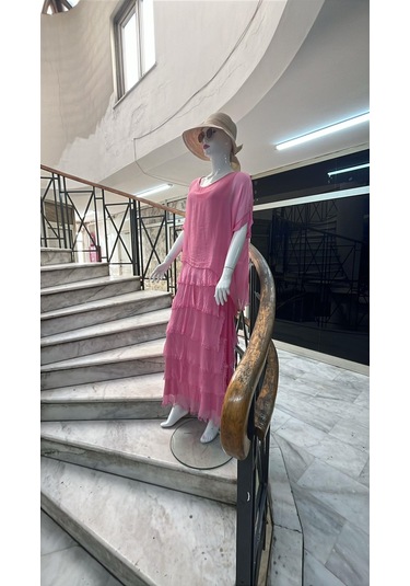 İtalyan 2 Beden Ince Gösteren Yarım Kol Kat Kat Ipek Elbise Pembe