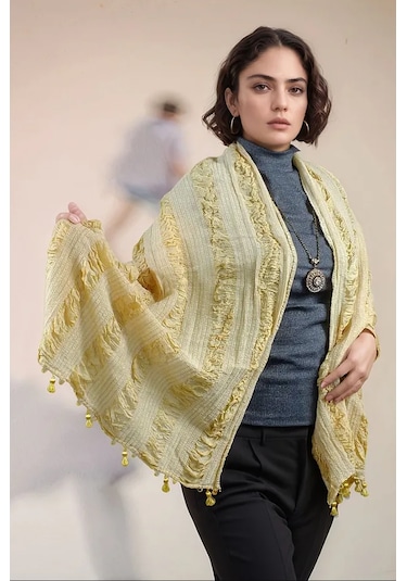 Rosehan Collection El Dokuması Sarı İpek Şal - Gofreli - Ödemiş İpeği
