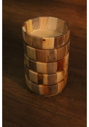 5li Ahşap Çerez Kase Seti Ağaç Renkli Tasarımlı