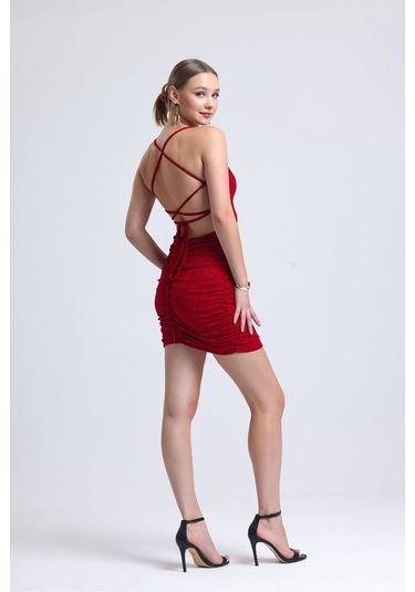 Sırttan Çapraz Bağlamalı Kırmızı Simli Mezuniyet Elbisesi Kırmızı