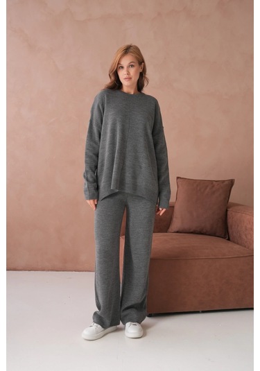 Kadın Bisiklet Yaka Yırtmaçlı Kazak Pantolon İkili Triko Takım Antrasit