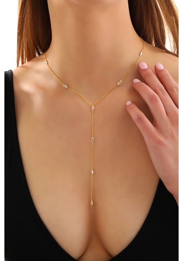 Queen Silver Jewelry 925 Ayar Gümüş Mekik Zirkon Taşlı Zincir Atlamalı Y Kolye Altın