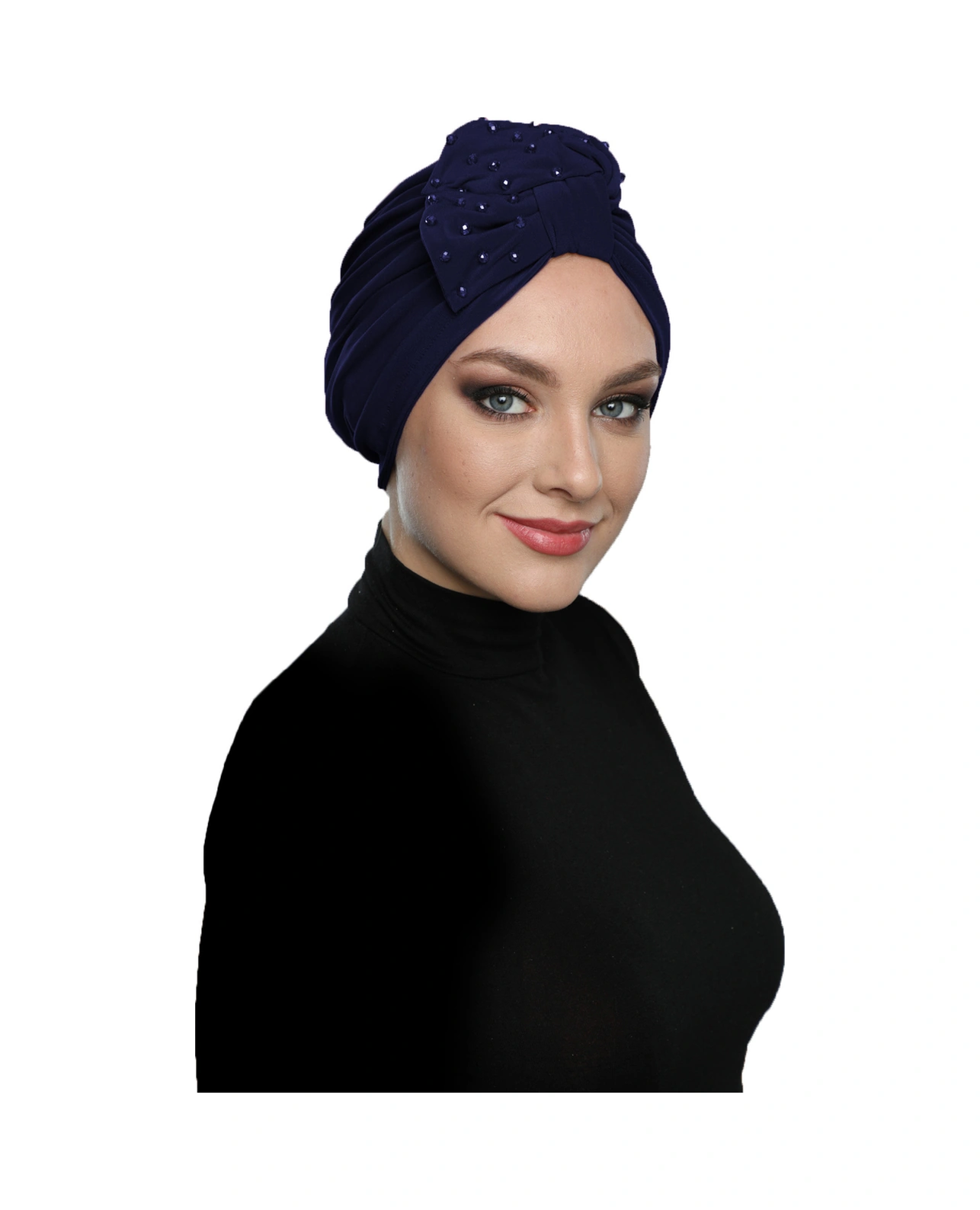 Kristal Yelpaze Taş Işlemeli Çift Taraflı Astarlı Lacivert Hazır Türban Tesettür Abiye Bone Lacivert