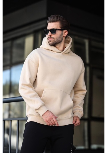 Bej Kapüşonlu Kanguru Cep Erkek Sweatshirt E7169 Bej