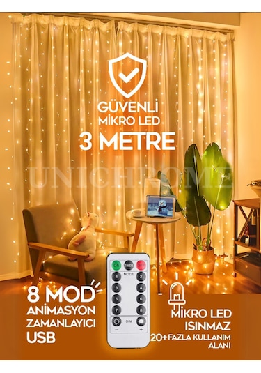 Kumandalı 8 Ayrı Moda Sahip 3x3m 300x300cm Perde Led 10 Saçaklı Sarkıtlı 300 Led Gün Işığı Kalp Askı Sarı