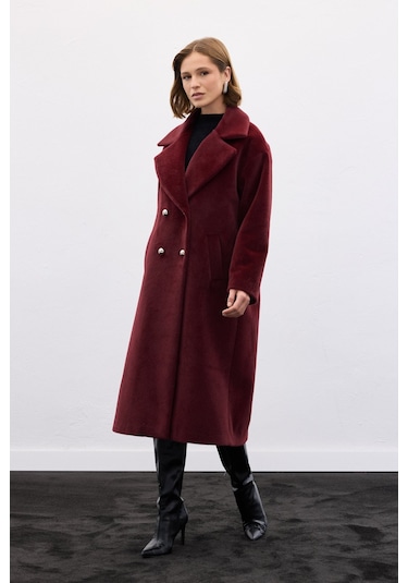 Sateen Düğme Detaylı Uzun Kaban - Bordo-136604 Bordo