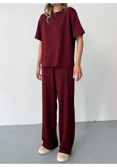 Kadın Modal Kısa Kolu Soft Touch Spor Takım Bordo