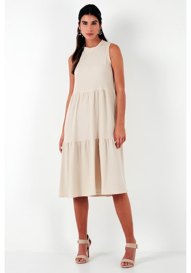 Lela Regular Fit Kolsuz Midi Bayan Elbise 5869008 Taş