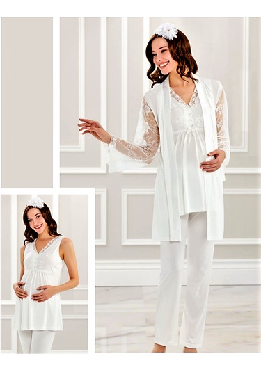 Flz Pijama 3'lü Dantelli Lohusa Pijama Takımı Ekru