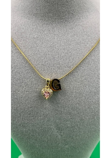 14k Altın Renginde G Harf Pembe Kalpli Minimal Çelik Kadın Kolye Altın