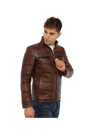 Hakiki Kuzu Derisi İşlemeli Fermuarlı Erkek Deri Ceket Kahverengi Kahverengi