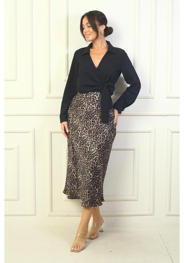 Beli Lastikli Leopar Desen Kloş Saten Etek-39127-kahve Kahve