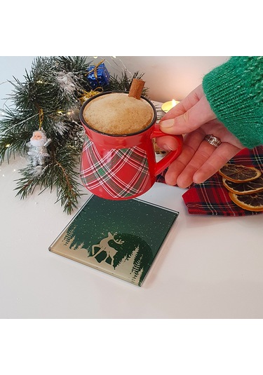 Decorita Cam Bardak Altlığı Yeni Yıl Yeşil Silüet 4'lü Takım Yeşil