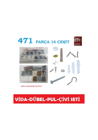 Vida Seti - Dübel-Pul-Çivi-Kanca-Matkap Uçlu Vida 471 Parça Set