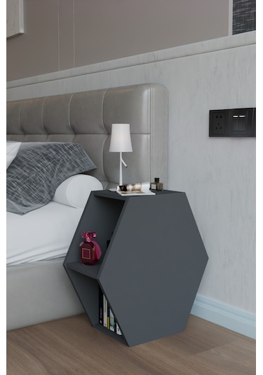 Alpa Ev Mobilya Altıgen Komodin, Modern Başucu Sehpası, Dekoratif Raflı Komodin Kitaplık Antrasit