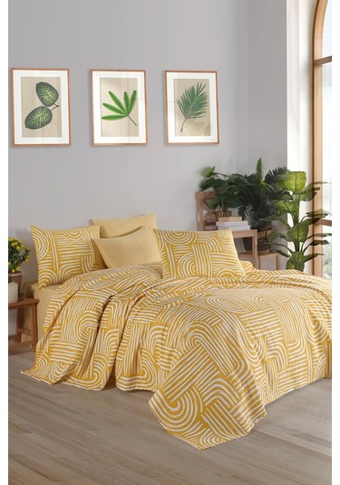 As Perde Cotton Life Çift Kişilik Pike Takımı Babil Sarı