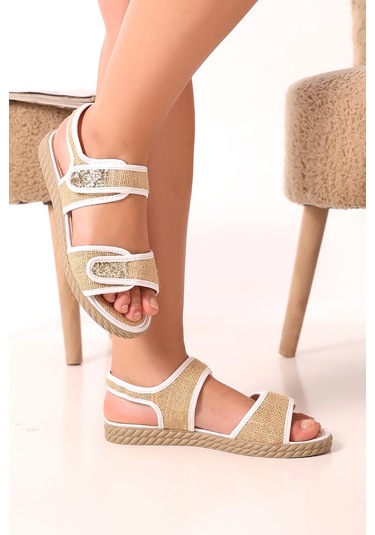 Hsr6005 Kadın Hasır Sandalet Şık Yazlık Plaj Tatil Hasır Günlük Cırtlı Sandalet Beyaz