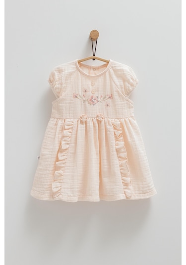Kız Bebek Müslin Elbise Somon Çiçek İşlemeli Eteği Fırfırlı-1283 SOMON