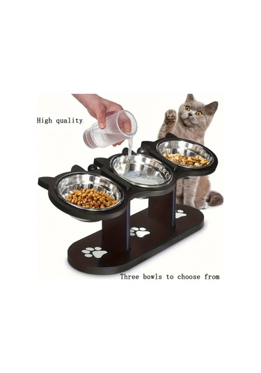 Dream011 Siyah 3 Seviyeli Kedi Maması Kabı Ahşap Paslanmaz Çelik Ayarlanabilir Taşınabilir