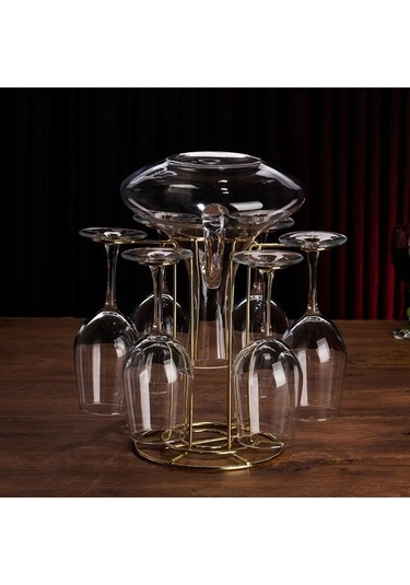 Dancemonkey Ferforje Kırmızı Şarap Kadehi Tutucu Sürahi Standı Altın Renk Çok Renkli