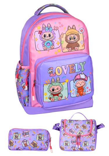 3 Lü İlkokul Labubu Baskılı Lila, Kız Çocuk Beslenmeli Ve Kalemli